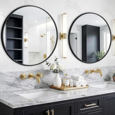 Round Bathroom Mirror for Wall, 2 Pack 26" Black Circle Mirror, Tempered Glass Bathroom Mirror for Over Sink, Modern Metal Framed Round Vanity Mirror for Entryway, Bedroom, Living Room in Saudi Arabia