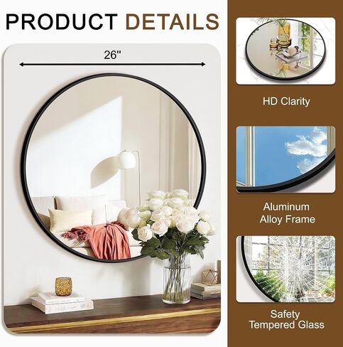 Round Bathroom Mirror for Wall, 2 Pack 26" Black Circle Mirror, Tempered Glass Bathroom Mirror for Over Sink, Modern Metal Framed Round Vanity Mirror for Entryway, Bedroom, Living Room in Saudi Arabia