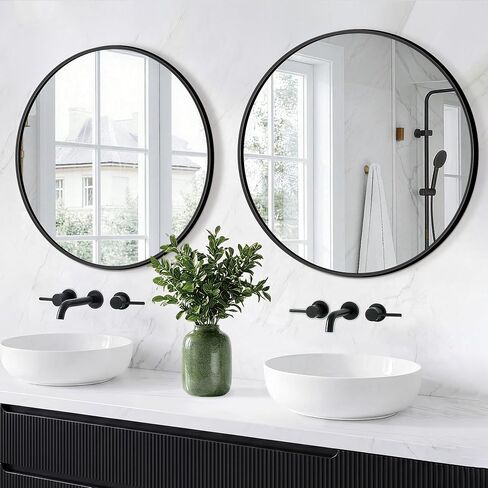 Round Bathroom Mirror for Wall, 2 Pack 26" Black Circle Mirror, Tempered Glass Bathroom Mirror for Over Sink, Modern Metal Framed Round Vanity Mirror for Entryway, Bedroom, Living Room in Saudi Arabia