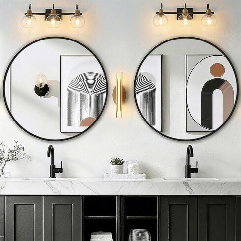 Round Bathroom Mirror for Wall, 2 Pack 26" Black Circle Mirror, Tempered Glass Bathroom Mirror for Over Sink, Modern Metal Framed Round Vanity Mirror for Entryway, Bedroom, Living Room in Saudi Arabia