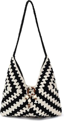 Crochet Knitted Bohemian Beach Purse for Women,Crochet Woven Boho Shoulder Bag Tote Handbags Summer Vacation Soft Foldable in Saudi Arabia