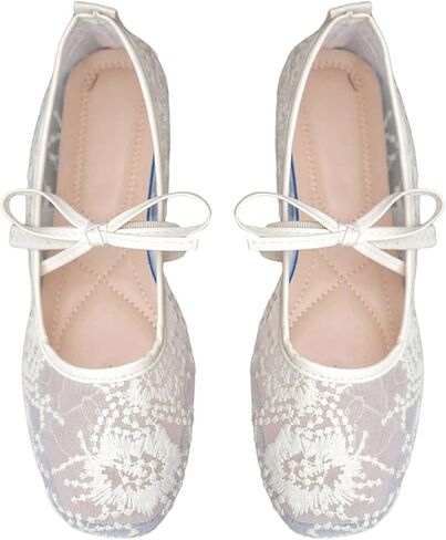 Milumia Women's Lace Mesh Ballet Flats Bowknot Square Closed Toe Slip on Dress Shoes in Saudi Arabia