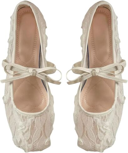 Milumia Women's Lace Mesh Ballet Flats Bowknot Square Closed Toe Slip on Dress Shoes in Saudi Arabia