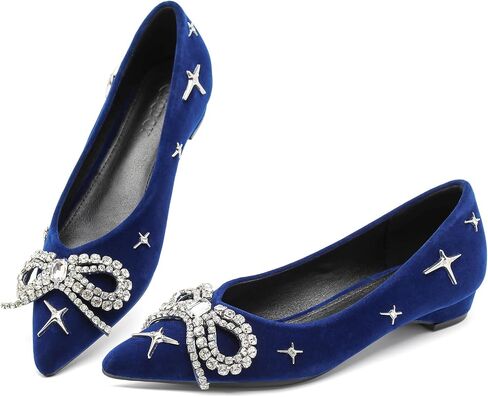 Women's Pointed Toe Flats Low Heeled Diamond Bow Comfortable Slip On Single Shoe Casual Office Work Dress Shoes in Saudi Arabia