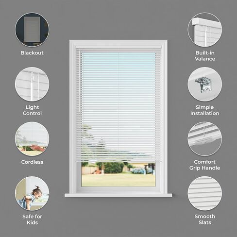 Cordless Aluminum Mini Blind - 18" W x 48" L - White, Premium Duty 1" Metal Slats, Over 400 Custom Sizes Starting at $19.97, Durable, Waterproof Window Shades by Lumino in Saudi Arabia