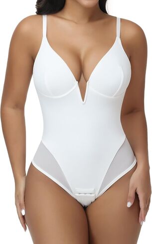 JOYSHAPER Bodysuit for Women Tummy Control, Thong Shapewear Deep Plunge Bodysuit V-Neck Low Back Body Shaper with Underwire in Kuwait