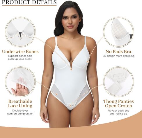 JOYSHAPER Bodysuit for Women Tummy Control, Thong Shapewear Deep Plunge Bodysuit V-Neck Low Back Body Shaper with Underwire in Kuwait
