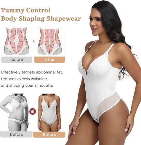 JOYSHAPER Bodysuit for Women Tummy Control, Thong Shapewear Deep Plunge Bodysuit V-Neck Low Back Body Shaper with Underwire in Kuwait