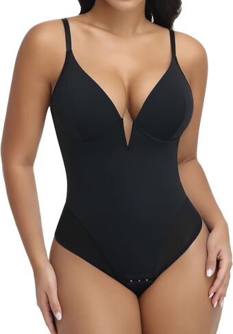 JOYSHAPER Bodysuit for Women Tummy Control, Thong Shapewear Deep Plunge Bodysuit V-Neck Low Back Body Shaper with Underwire in Kuwait