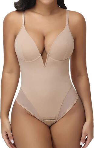 JOYSHAPER Bodysuit for Women Tummy Control, Thong Shapewear Deep Plunge Bodysuit V-Neck Low Back Body Shaper with Underwire in Kuwait