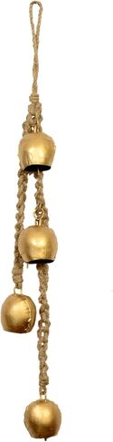 Handmade Four-Bell Cluster on Rope, Rustic Gold Wrought Iron Chime, Wooden Town Wall Hanging in Saudi Arabia