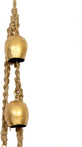 Handmade Four-Bell Cluster on Rope, Rustic Gold Wrought Iron Chime, Wooden Town Wall Hanging in Saudi Arabia