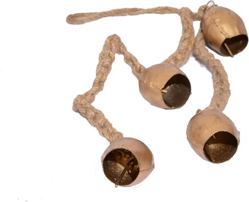 Handmade Four-Bell Cluster on Rope, Rustic Gold Wrought Iron Chime, Wooden Town Wall Hanging in Saudi Arabia