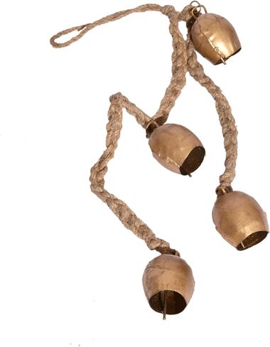 Handmade Four-Bell Cluster on Rope, Rustic Gold Wrought Iron Chime, Wooden Town Wall Hanging in Saudi Arabia