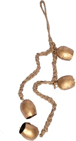 Handmade Four-Bell Cluster on Rope, Rustic Gold Wrought Iron Chime, Wooden Town Wall Hanging in Saudi Arabia