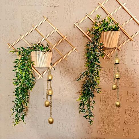 Handmade Four-Bell Cluster on Rope, Rustic Gold Wrought Iron Chime, Wooden Town Wall Hanging in Saudi Arabia