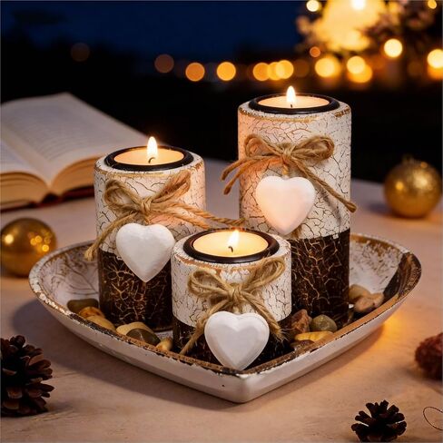 Wooden Tealight Candle Holders with Heart Tray, Rustic Farmhouse Candle Holders for Table Centerpiece Classic and Elegant Tea Light Holder Set for Valentines Day Wedding Anniversary Holiday Home Decor in Saudi Arabia