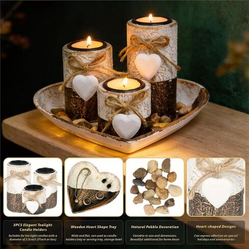 Wooden Tealight Candle Holders with Heart Tray, Rustic Farmhouse Candle Holders for Table Centerpiece Classic and Elegant Tea Light Holder Set for Valentines Day Wedding Anniversary Holiday Home Decor in Saudi Arabia