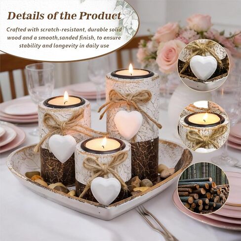Wooden Tealight Candle Holders with Heart Tray, Rustic Farmhouse Candle Holders for Table Centerpiece Classic and Elegant Tea Light Holder Set for Valentines Day Wedding Anniversary Holiday Home Decor in Saudi Arabia