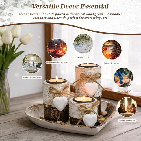 Wooden Tealight Candle Holders with Heart Tray, Rustic Farmhouse Candle Holders for Table Centerpiece Classic and Elegant Tea Light Holder Set for Valentines Day Wedding Anniversary Holiday Home Decor in Saudi Arabia