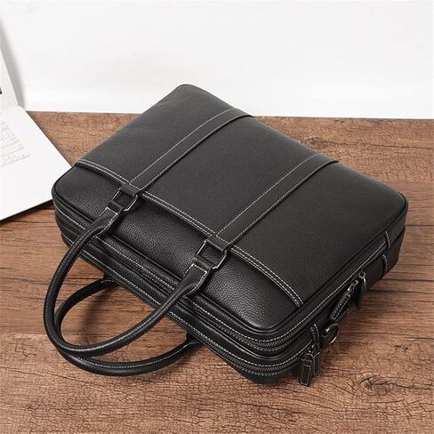 Men Zipper Genuine Leather Handbag Male Business Travel Laptop Shoulder Bag Men's Office Briefcase for A4 Paper in Saudi Arabia