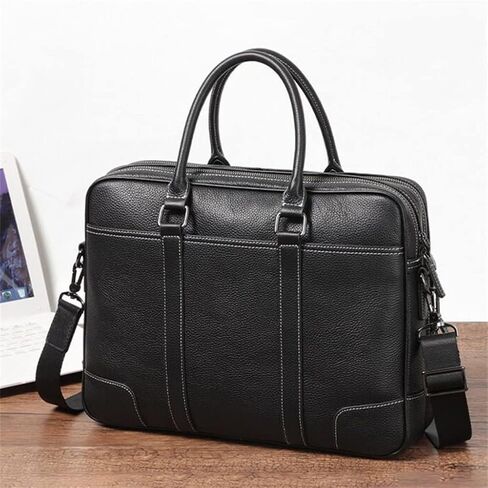 Men Zipper Genuine Leather Handbag Male Business Travel Laptop Shoulder Bag Men's Office Briefcase for A4 Paper in Saudi Arabia