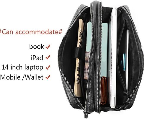 Men Zipper Genuine Leather Handbag Male Business Travel Laptop Shoulder Bag Men's Office Briefcase for A4 Paper in Saudi Arabia