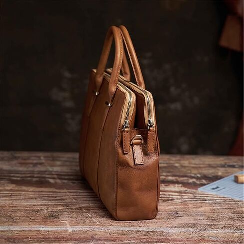 Vintage Briefcase Men's Shoulder Handmade Leather Bag Brown Laptop Business Bag Handbag Casual in Saudi Arabia