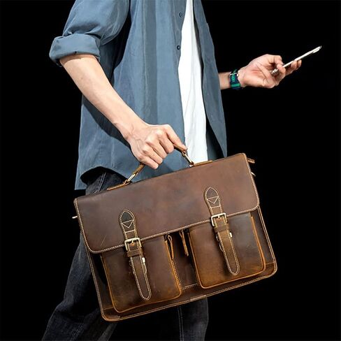 Leather Vintage Man Handbag Briefcase Men Shoulder Bags Brown Business 15.6 Inch Laptop Bag in Saudi Arabia