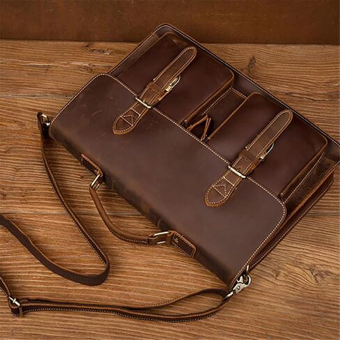 Leather Vintage Man Handbag Briefcase Men Shoulder Bags Brown Business 15.6 Inch Laptop Bag in Saudi Arabia