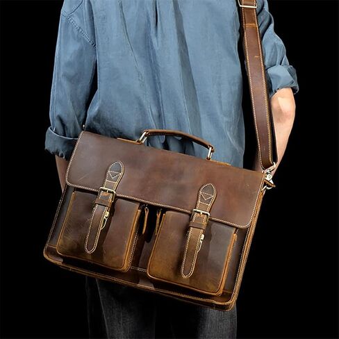 Leather Vintage Man Handbag Briefcase Men Shoulder Bags Brown Business 15.6 Inch Laptop Bag in Saudi Arabia