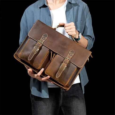 Leather Vintage Man Handbag Briefcase Men Shoulder Bags Brown Business 15.6 Inch Laptop Bag in Saudi Arabia