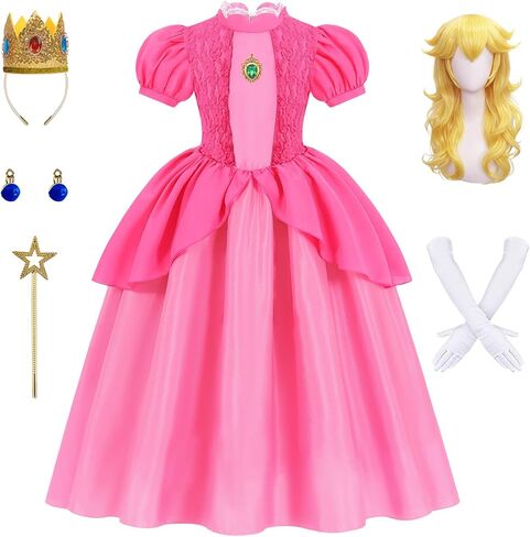 Oumbivil Pink Princess Costume Set for Girls Layered Dress with Crown Wig Wand and Gloves, Halloween Party Outfit in Saudi Arabia