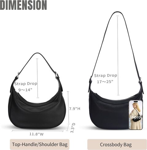 Genuine Leather Hobo Crossbody Bag for Women, Crescent Shoulder Purse with Two Adjustable Straps in Saudi Arabia