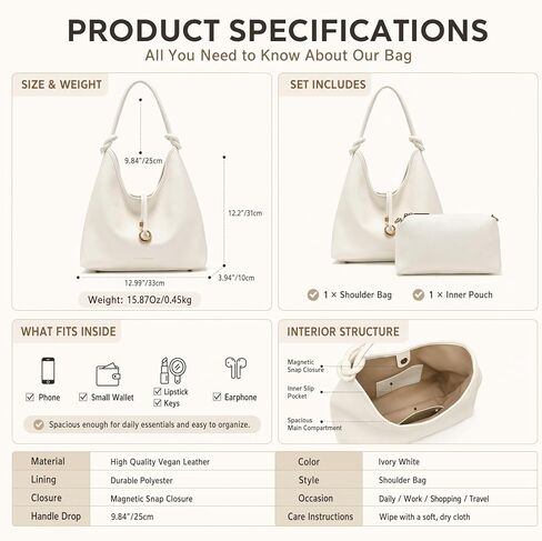 Hobo Bag for Women, 2 in 1 Tote Bag Set with Detachable Pouch, Soft Slouchy Shoulder Crossbody Purse in Saudi Arabia