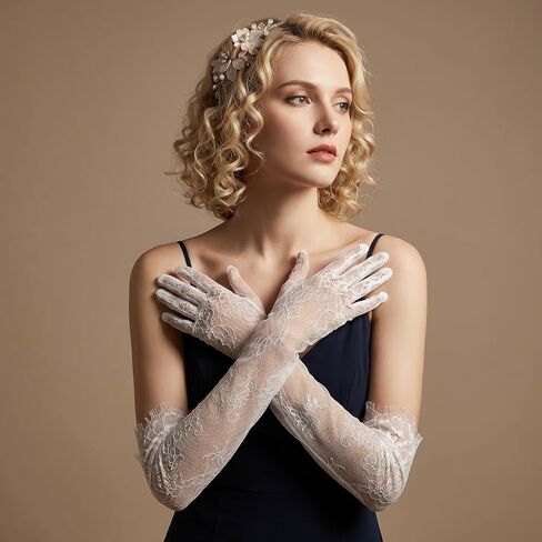 Lace Gloves, Long Sheer Lace Glove for Women, White Floral Opera Gloves, Hollow Detachable Sleeves, Elegant Tea Party Costume Accessories for Women Girls Bride Wedding Parties Cocktail Cosplay in Saudi Arabia