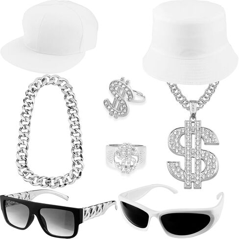90s Hip Hop 80s Rapper Costume Dollar Sign Fake Gold Chain Ring 2000s Glasses Hat Rapper Outfit Accessories for Men in Kuwait