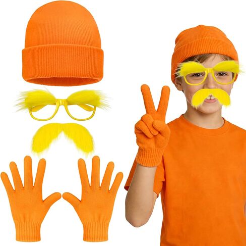 4Pcs Orange Cosutme Accessory Set Including Orange Beanie Cap Gloves Yellow Eyebrow Glasses Mustaches Book Character Costume for World Book Day Halloween Cosplay Party Supplies in Kuwait