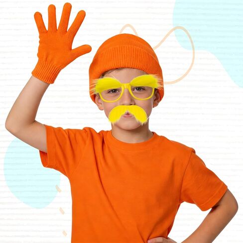 4Pcs Orange Cosutme Accessory Set Including Orange Beanie Cap Gloves Yellow Eyebrow Glasses Mustaches Book Character Costume for World Book Day Halloween Cosplay Party Supplies in Kuwait