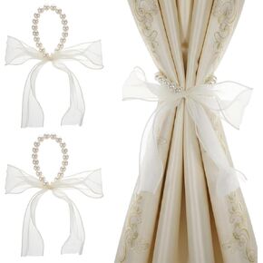 Bow Curtain Tiebacks, White Pearl Curtain Tiebacks Elegant Lace Ribbon for Curtains Decorative Curtains Tieback for Home Office Bedroom Living Room Wedding Party (2 Pack) in Saudi Arabia