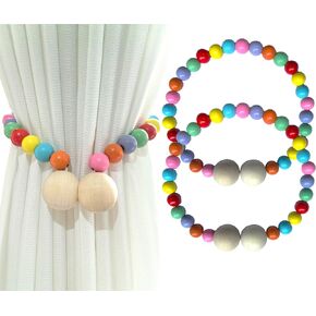 2 Pack Wood Bead Curtain Tiebacks, Colorful Boho Decorative Magnetic Curtain Holdbacks with Strong Nickel Plated Magnets, No Drill Window Treatment Ties for Nursery, Kids Room, Farmhouse Decor in Saudi Arabia