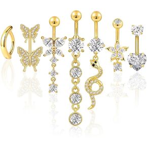 FIRSTGIFT 7pcs Silver Belly Button Rings, Gold Belly Piercing Jewelry, 14g Stainless Steel Navel Piercing with Cute Heart Flower Butterfly Dangle Belly Ring in Saudi Arabia