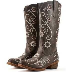 Lante Cowboy Boots for Women - Mid Calf Western Cowgirl Boots with Floral Embroidery, Pull-On Tabs, Snip Toe, Chunky Block Heel in Saudi Arabia
