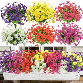 Artificial Flowers for Outdoors, Fake Flowers, UV Resistant Artificial Outdoor Flowers, 12 Bundles Silk Colorful Morning Glory with Eucalyptus Faux Flowers for Outdoor Planters for Porch Patio Garden in Saudi Arabia