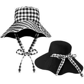 Reversible Wide Brim Bucket Hat for Women Sun Hat Checkered Plaid Summer Beach Double Side Wear with Bow UV Protection Fishing Hats Black and White in Kuwait