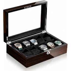 10-Slot Watch Display Case with Glass Window Lid, Ebony Wood Grain, High Gloss Finish, Lock & Velvet Interior, Fits Watches up to 57mm – Luxury Watch Organizer Gift for Men in Saudi Arabia