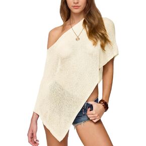 SeeLuNa Women Cover Up One Shoulder Knit Asymmetric Shrug Pullover Sweater Trendy Beach Vacation Sheer Poncho Mesh Blouse(Apricot,M) in Kuwait