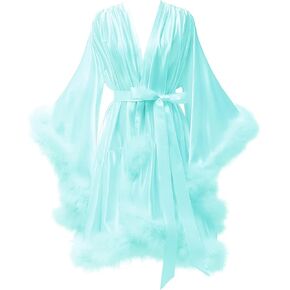 Yexinbridal Feather Fur Robe Silk Satin Bridal Dressing Gown Sexy Illusion Lingerie Nightgown Bathrobe Sleepwear in Saudi Arabia