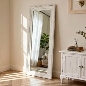 Floor Length Mirror with Wooden Frame,Full Length Standing Floor Mirror for Farmhouse, Bathroom, Bedroom Decor, Hanging or Leaning Wall-Mounted,White in Saudi Arabia