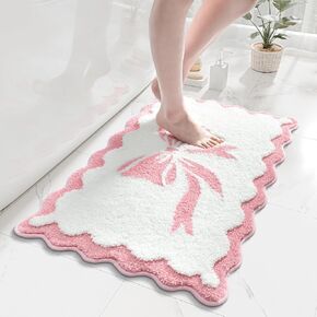 Anybar Bow Bath Mat Pink White Bathroom Rug Cute Scalloped Rugs Non Slip Floor Carpet Microfiber Bathmat Soft Super Absorbent Machine Washable Bathmat for Shower Scallop Bathroom Mats（18x25 inch） in Saudi Arabia